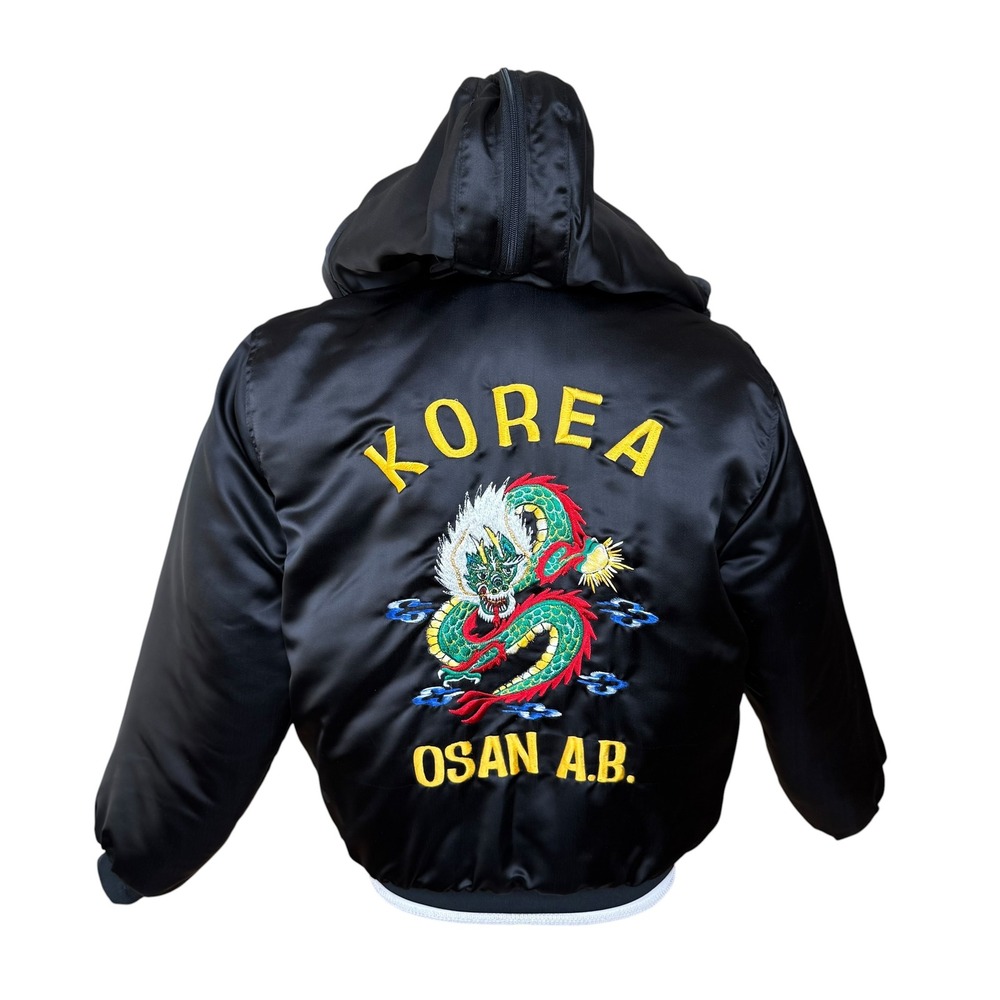 Vintage Korea Osan AB Souvenir Jacket Black Satin Dragon Embroidered Bomber Hood